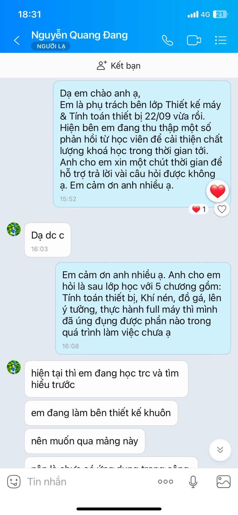 Phản hồi học viên Quang 1